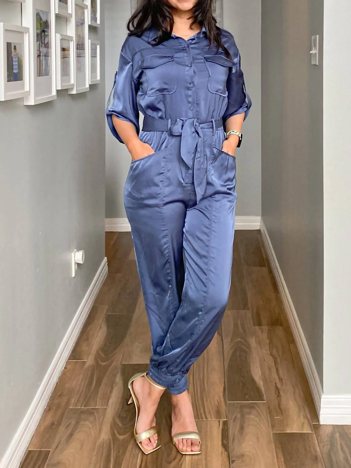 3/4 Sleeve Dressy Jumpsuit In Deep Blue