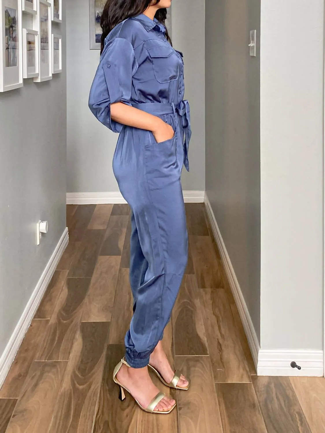 3/4 Sleeve Dressy Jumpsuit In Deep Blue