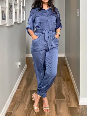 3/4 Sleeve Dressy Jumpsuit In Deep Blue