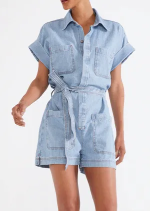 Adeya Stripe Denim Romper In Blue
