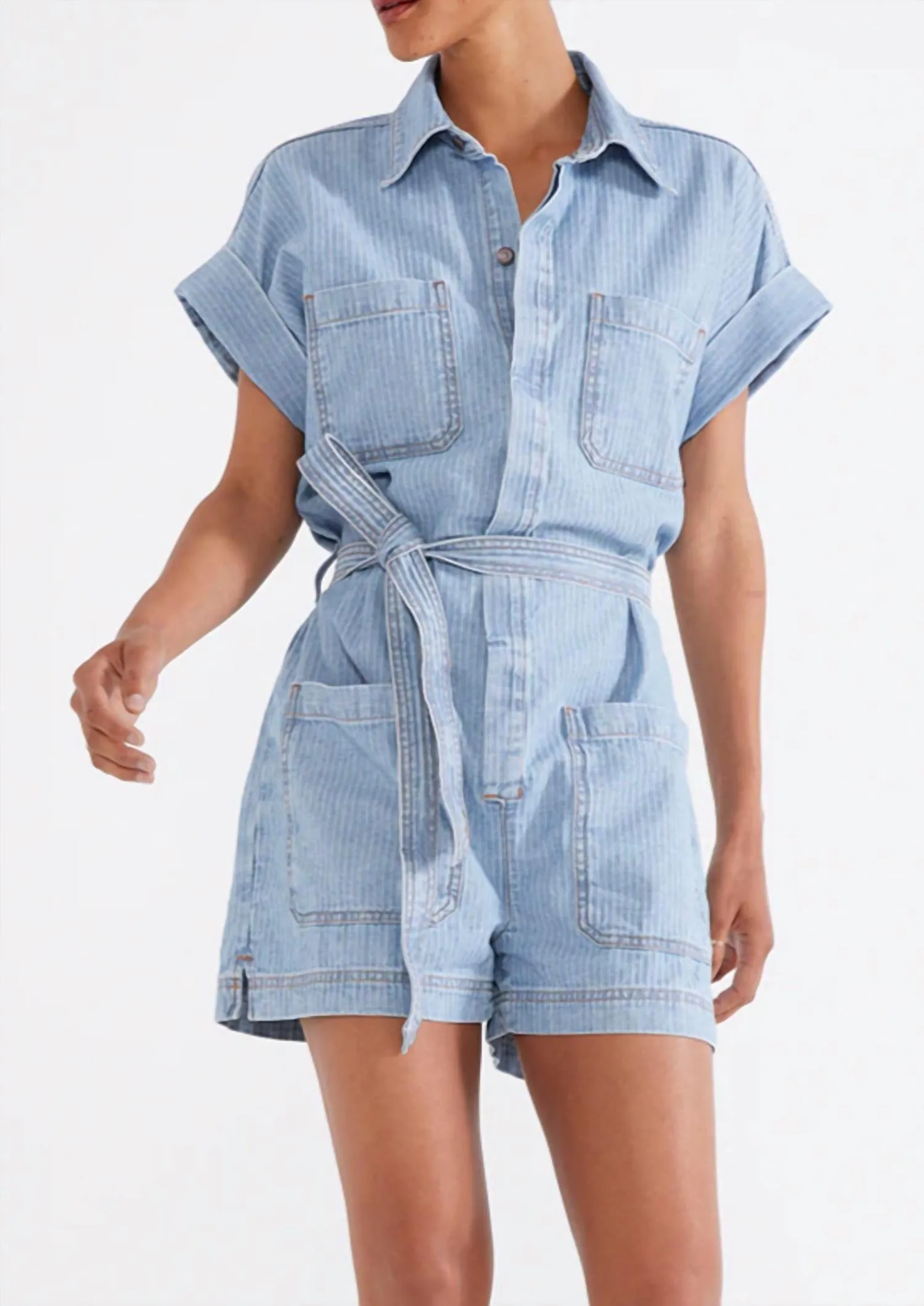 Adeya Stripe Denim Romper In Blue