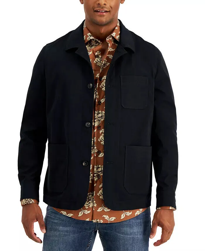 Alfani 100132383MN Shirt Jacket Mens Black Polyester Regular-Fit Collared KLSS26 (Black,Regular,S)