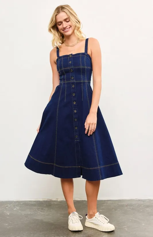 Aliana Button Down Corset Detail Denim Dress