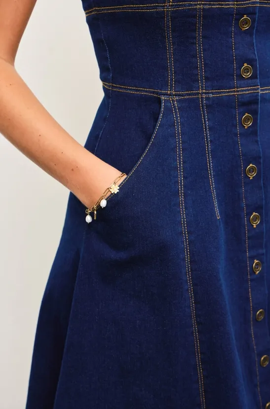 Aliana Button Down Corset Detail Denim Dress