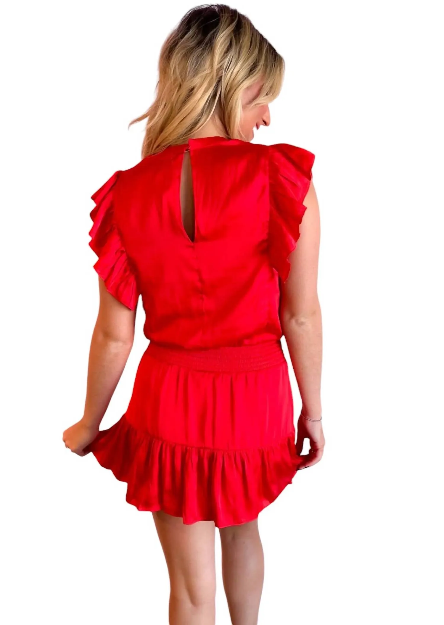 Apple Tree Ruffle Sleeve Romper In Red