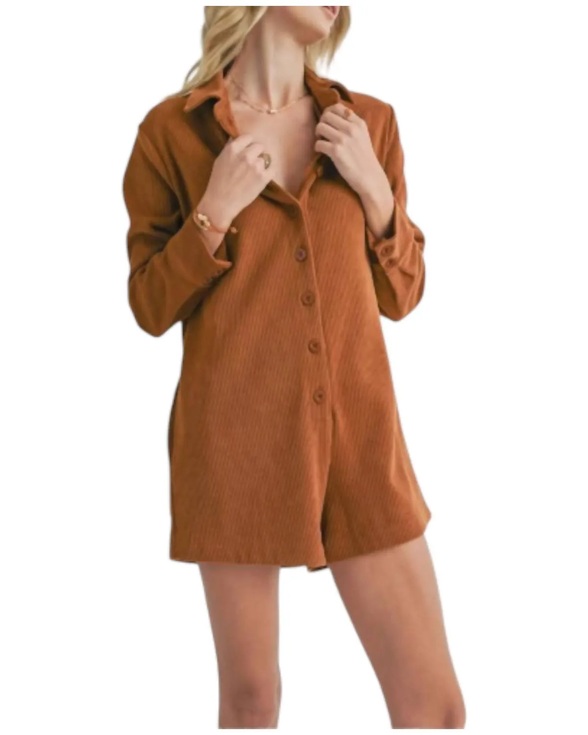 Artful Stretch Corduroy Romper In Camel