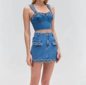 Braided Denim Cropped Top In Denim Blue