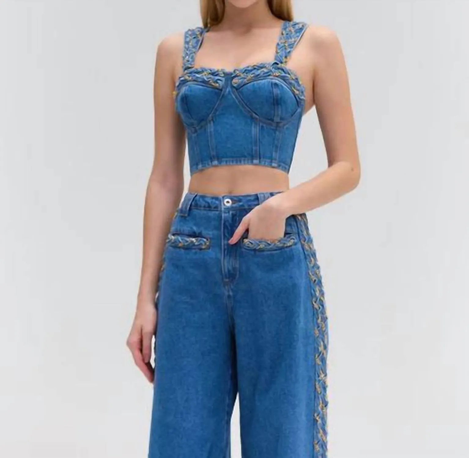 Braided Denim Cropped Top In Denim Blue