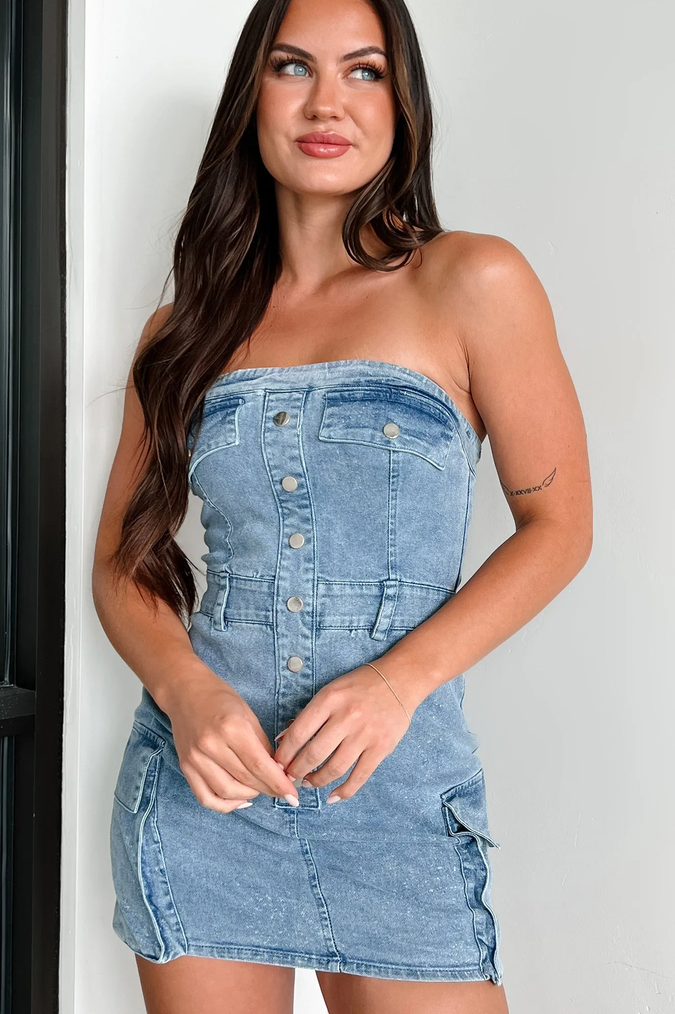 Brandy Strapless Cargo Denim Mini Dress (Light Denim)