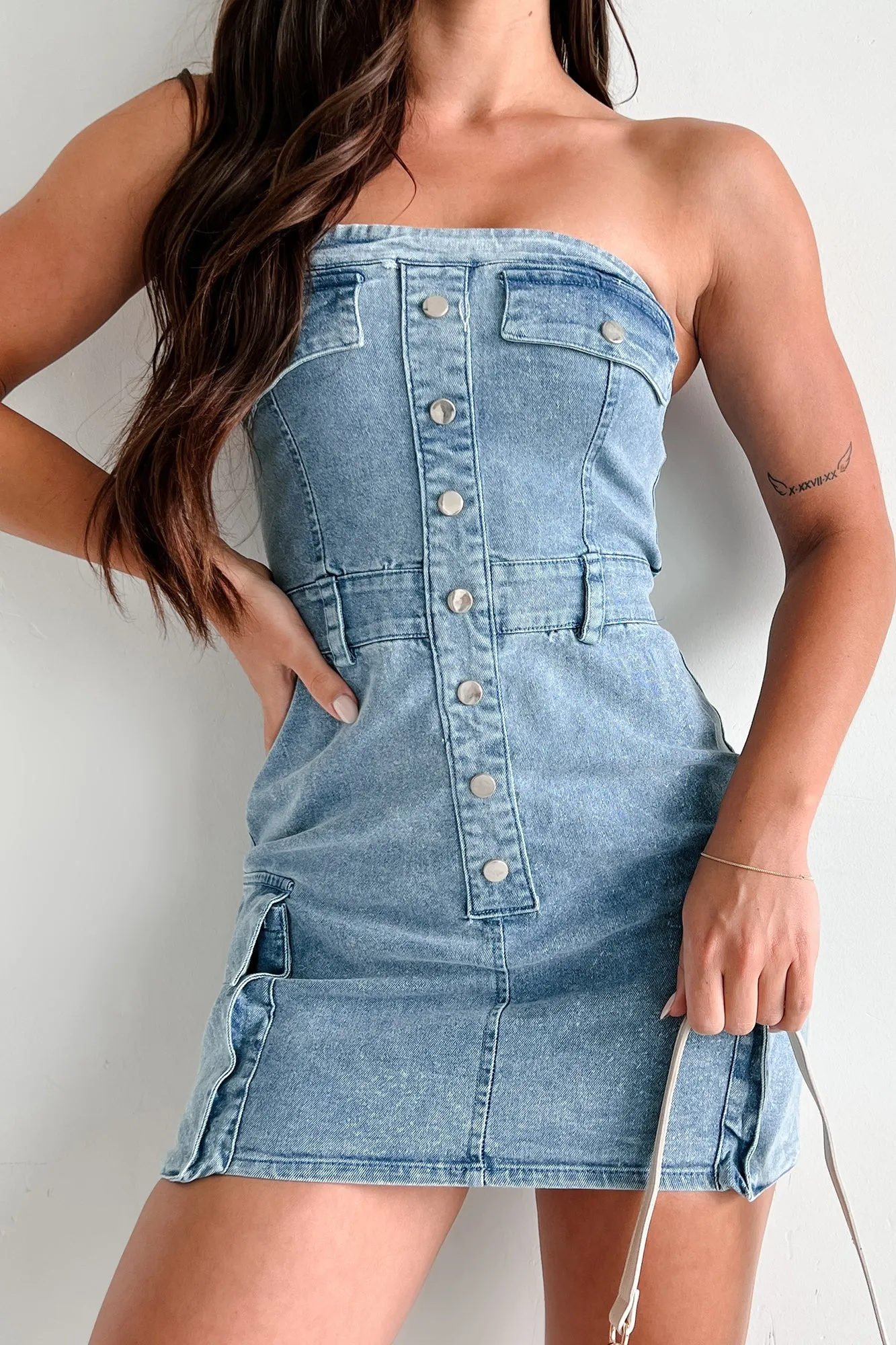 Brandy Strapless Cargo Denim Mini Dress (Light Denim)