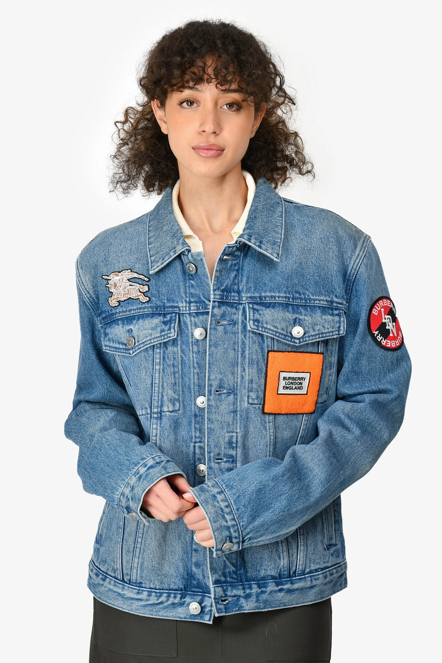 Burberry 2020 Blue Denim Applique Graphic Trucker Jacket Size 50 Mens