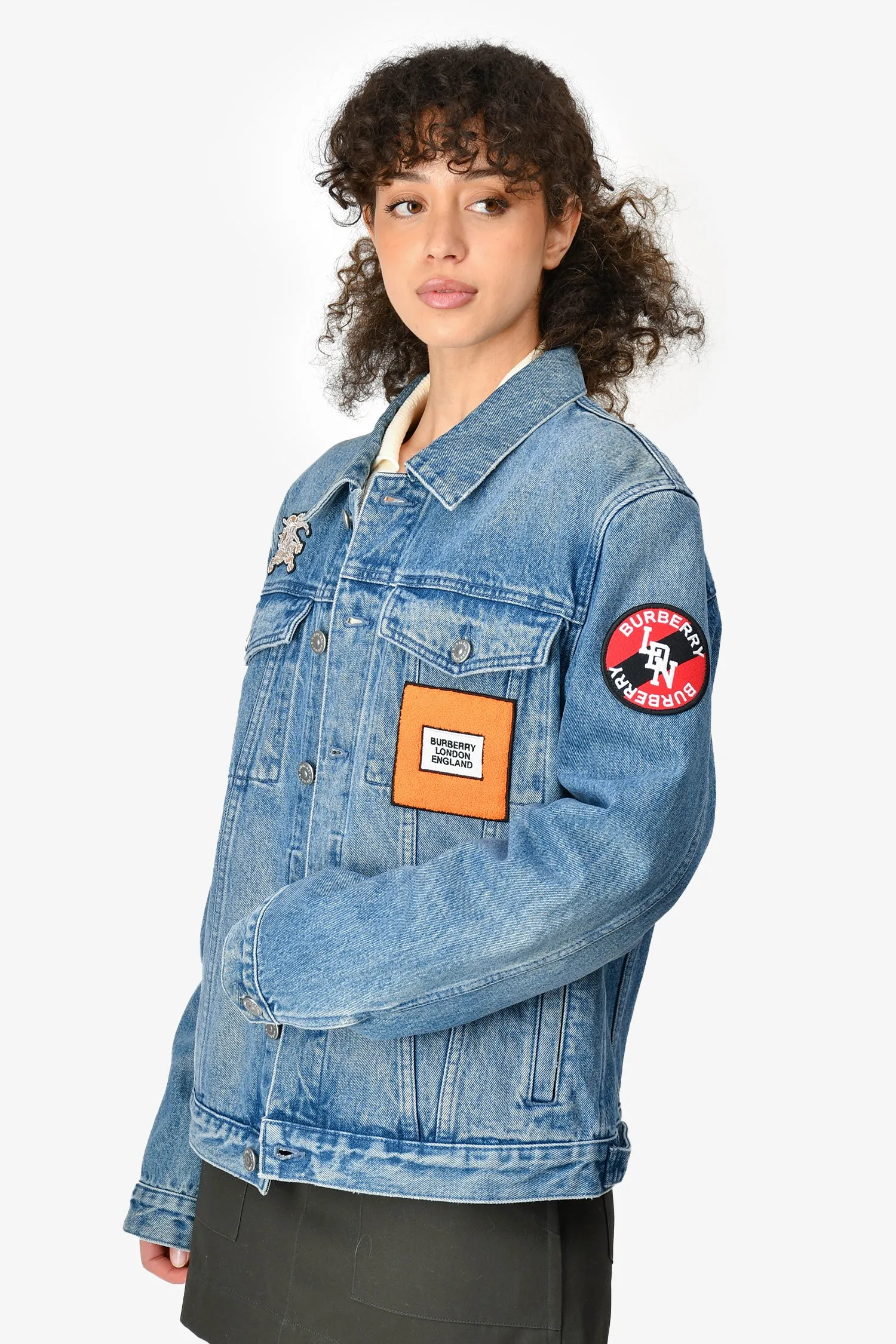 Burberry 2020 Blue Denim Applique Graphic Trucker Jacket Size 50 Mens