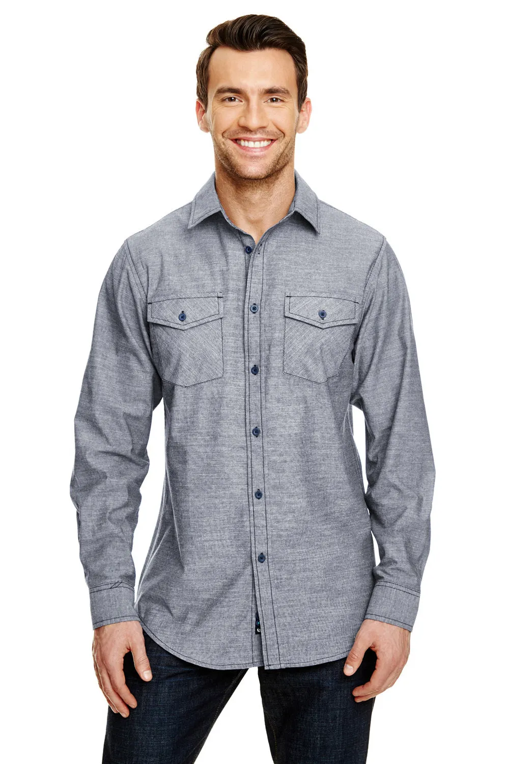 Burnside Mens Long Sleeve Button Down Shirt w/ Double Pockets - Dark Denim