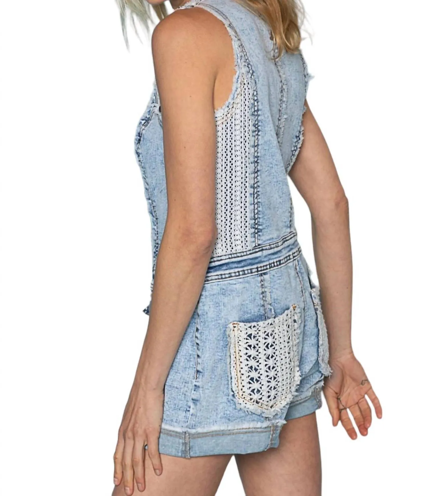 Crochet Romper In Vintage Denim