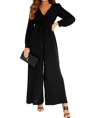 Cutout Back Belted V Neck Wide Leg Jumpsuit In Black