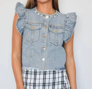 Denim Rhinestone Ruffle Vest In Ligh Wash Denim