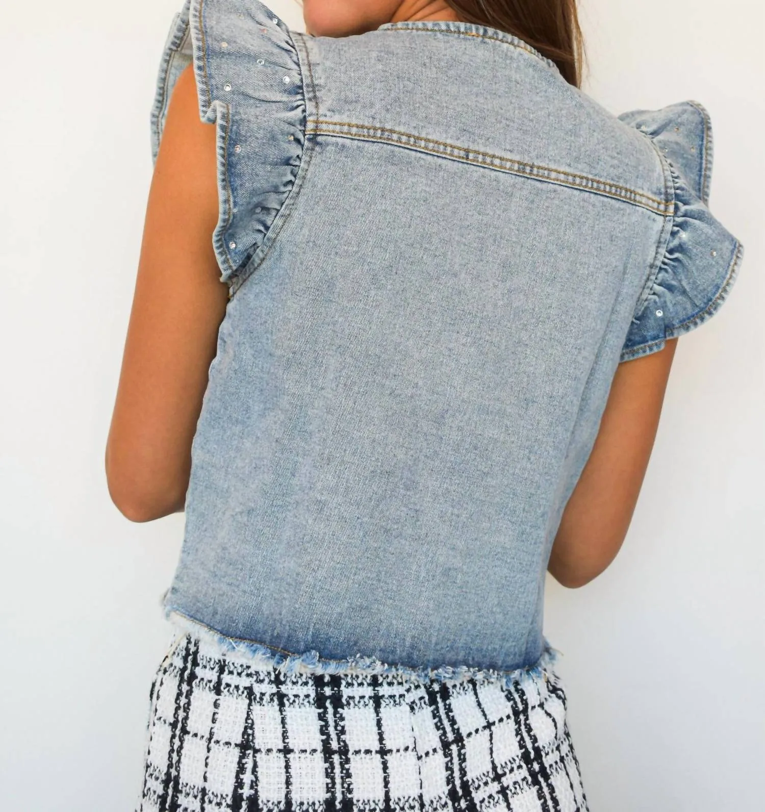 Denim Rhinestone Ruffle Vest In Ligh Wash Denim