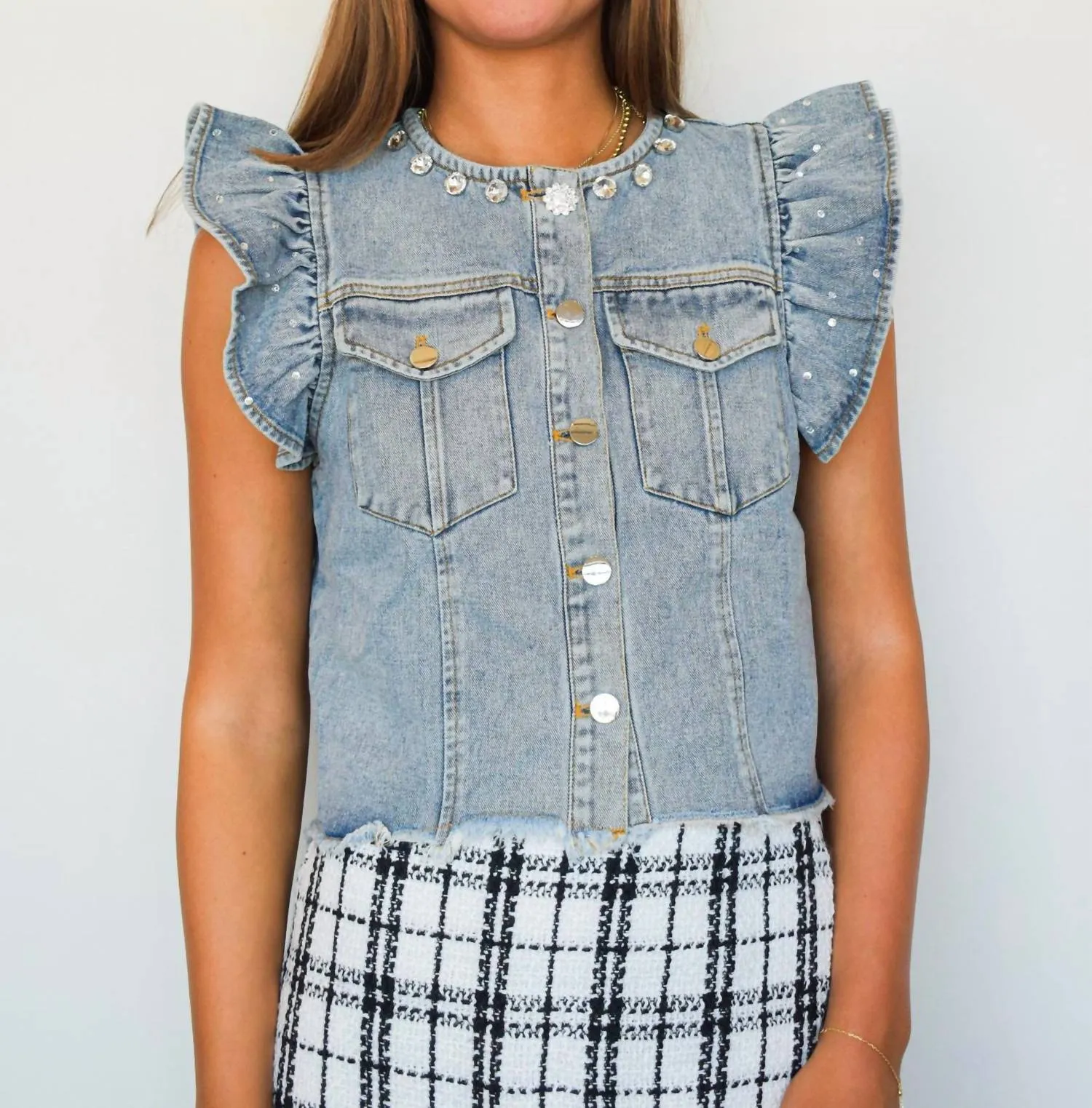 Denim Rhinestone Ruffle Vest In Ligh Wash Denim