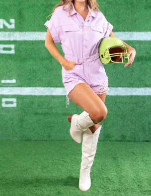 Denim Romper Jumpsuit In Lavender Haze