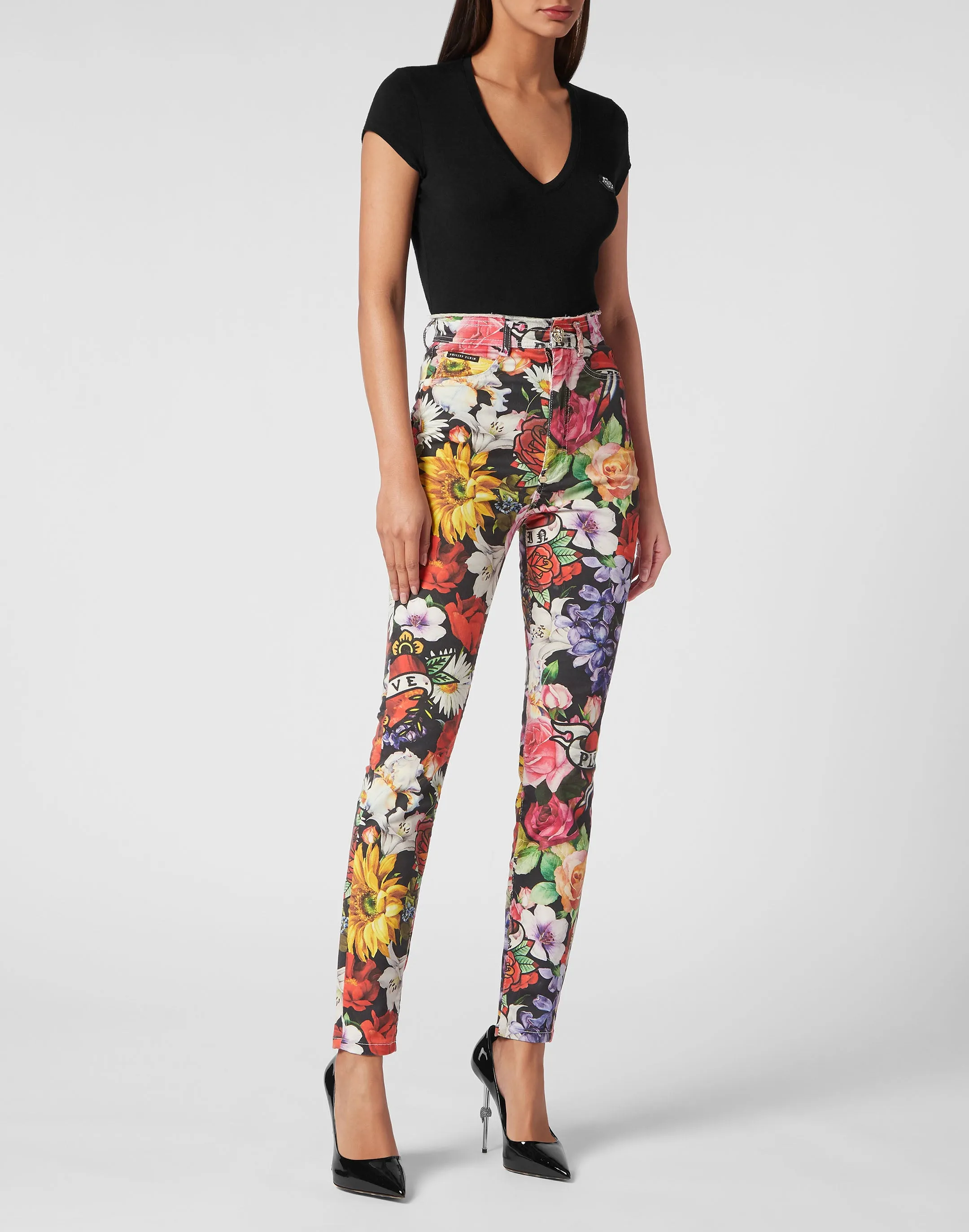 Denim Super High Waist Jeggings Love Flowers