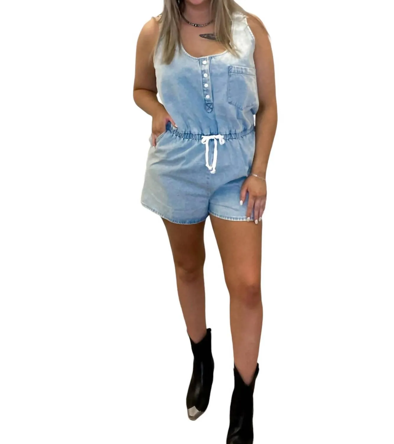Down The Boardwalk Romper In Light Wash Denim