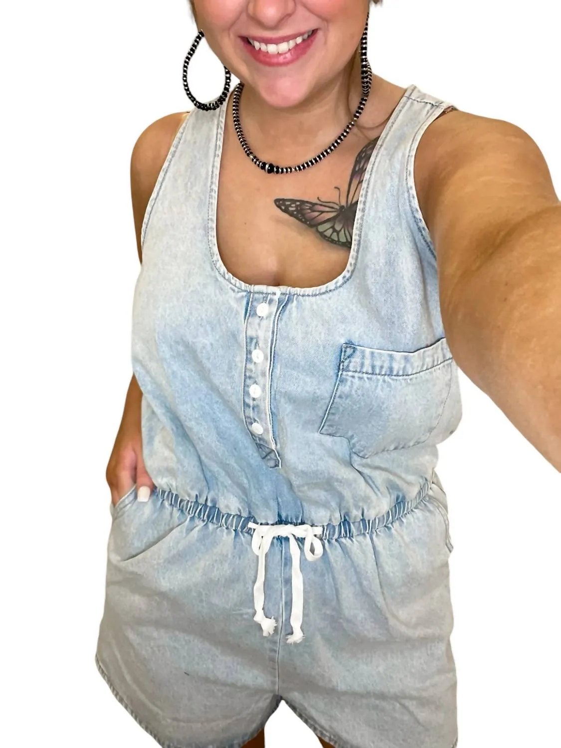 Down The Boardwalk Romper In Light Wash Denim
