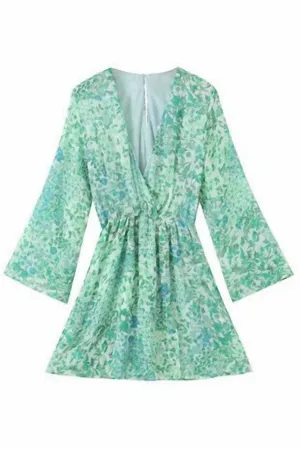 Floral Long Sleeve Romper In Green
