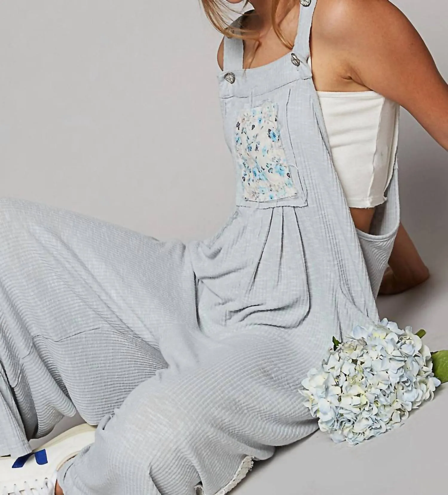 Floral Pocket Patched Jumpsuit In Powder Blue