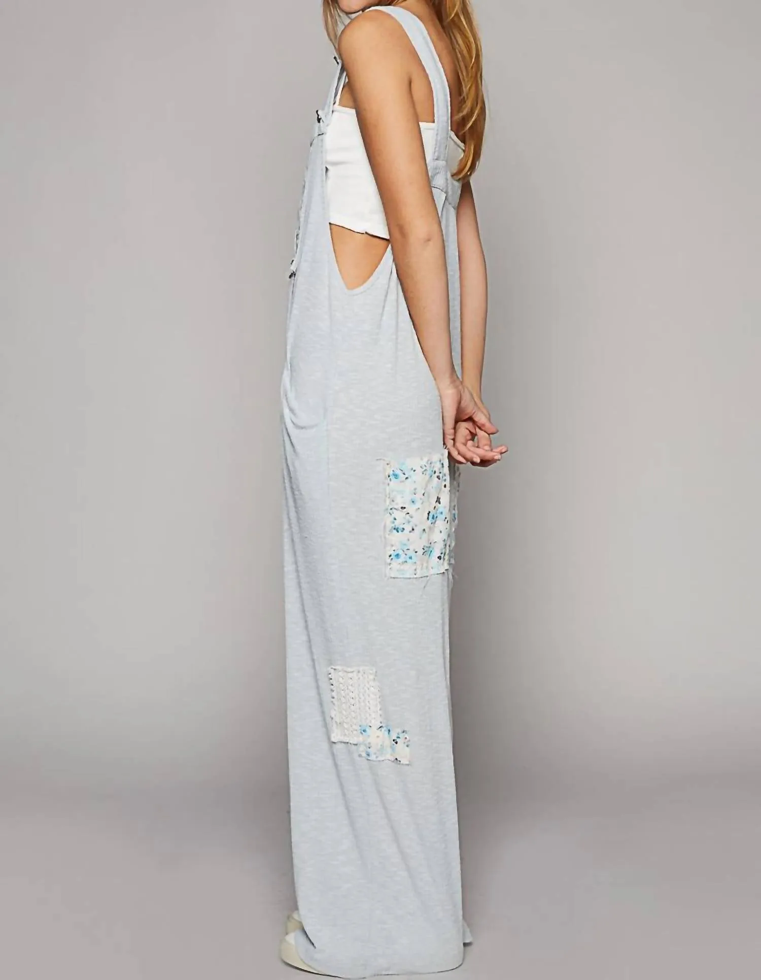 Floral Pocket Patched Jumpsuit In Powder Blue