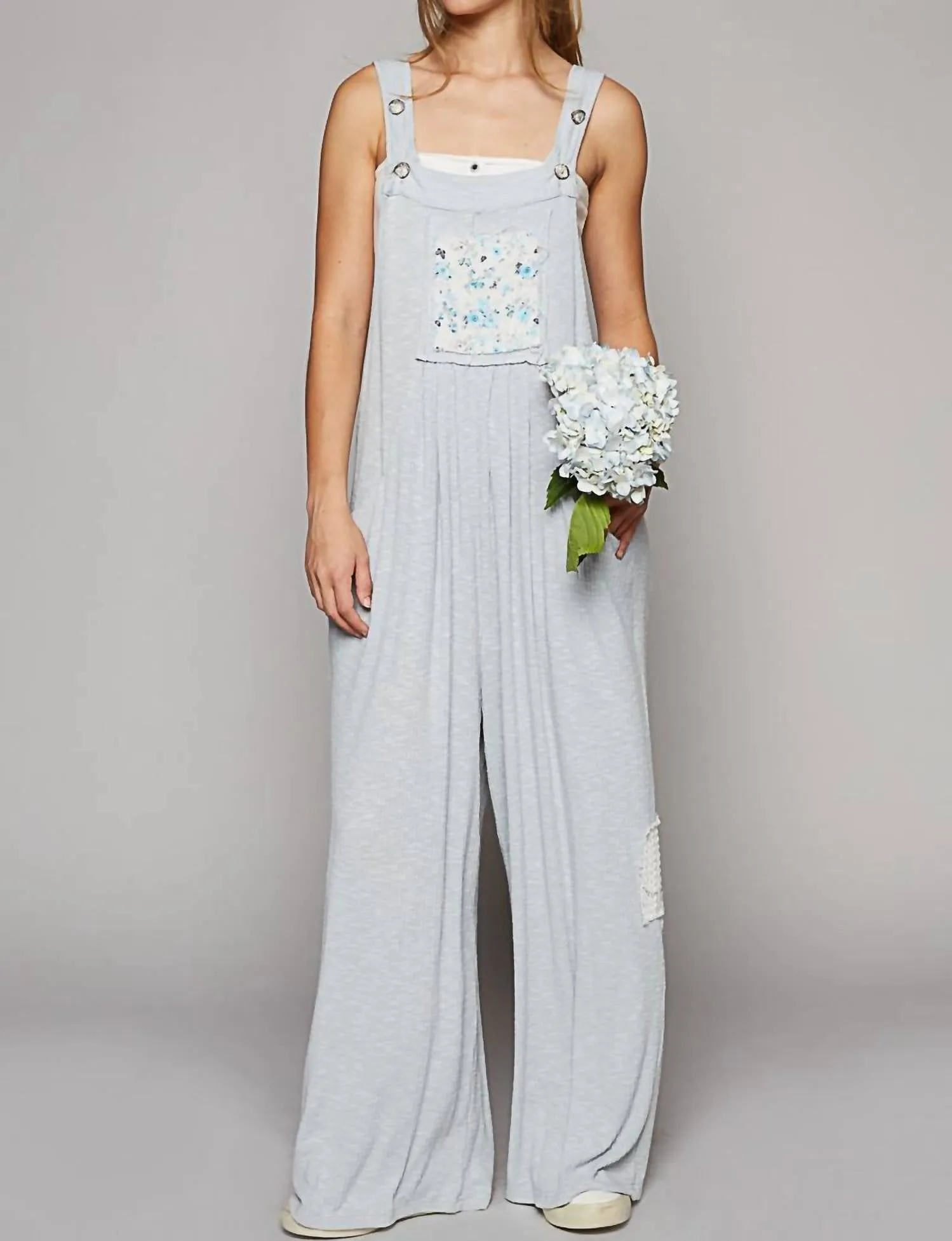 Floral Pocket Patched Jumpsuit In Powder Blue