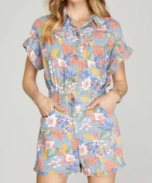 Floral Print Romper In Washed Chambray