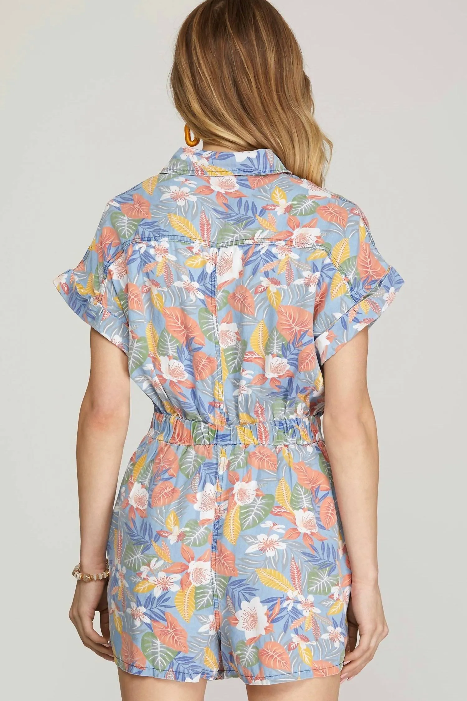 Floral Print Romper In Washed Chambray