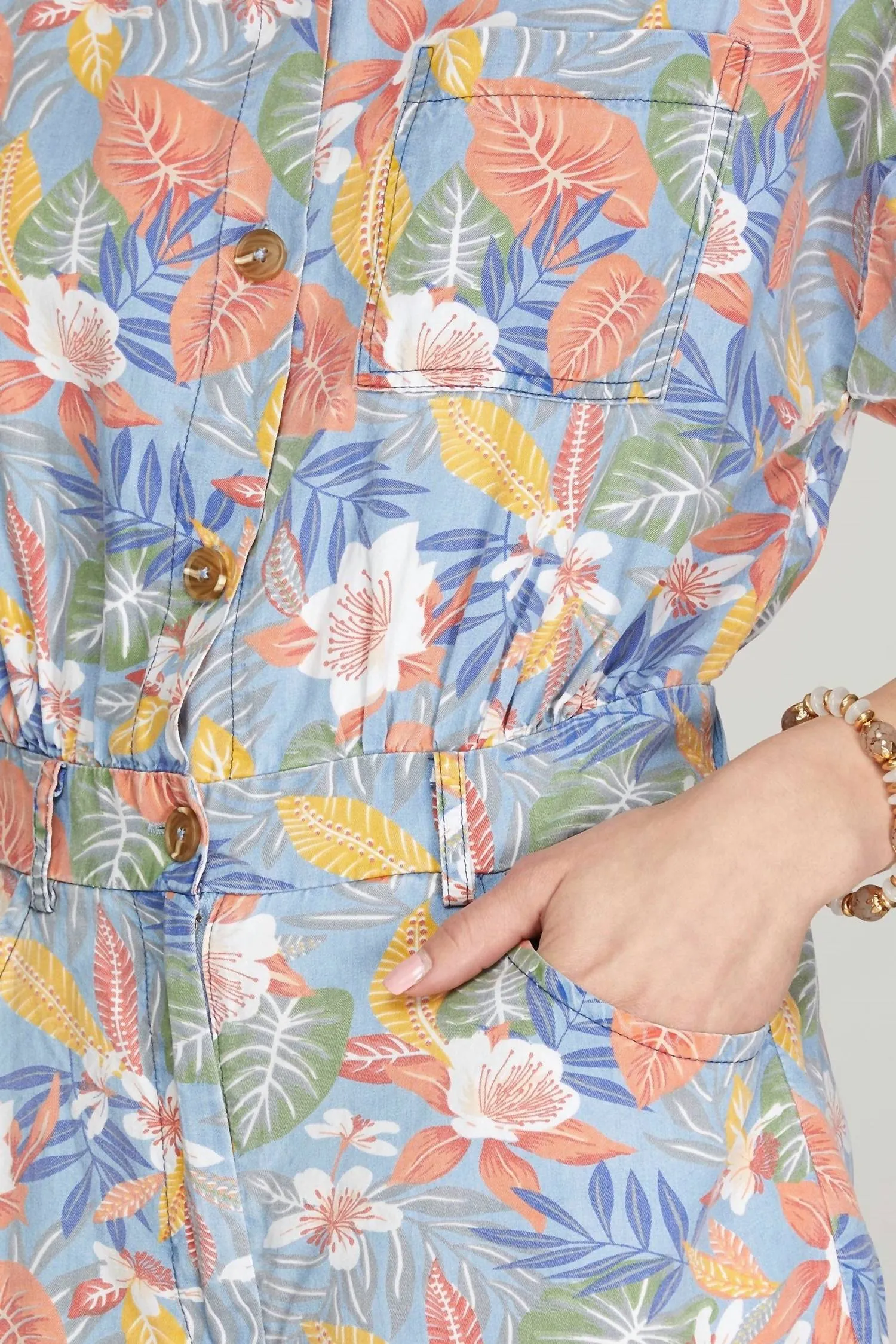 Floral Print Romper In Washed Chambray