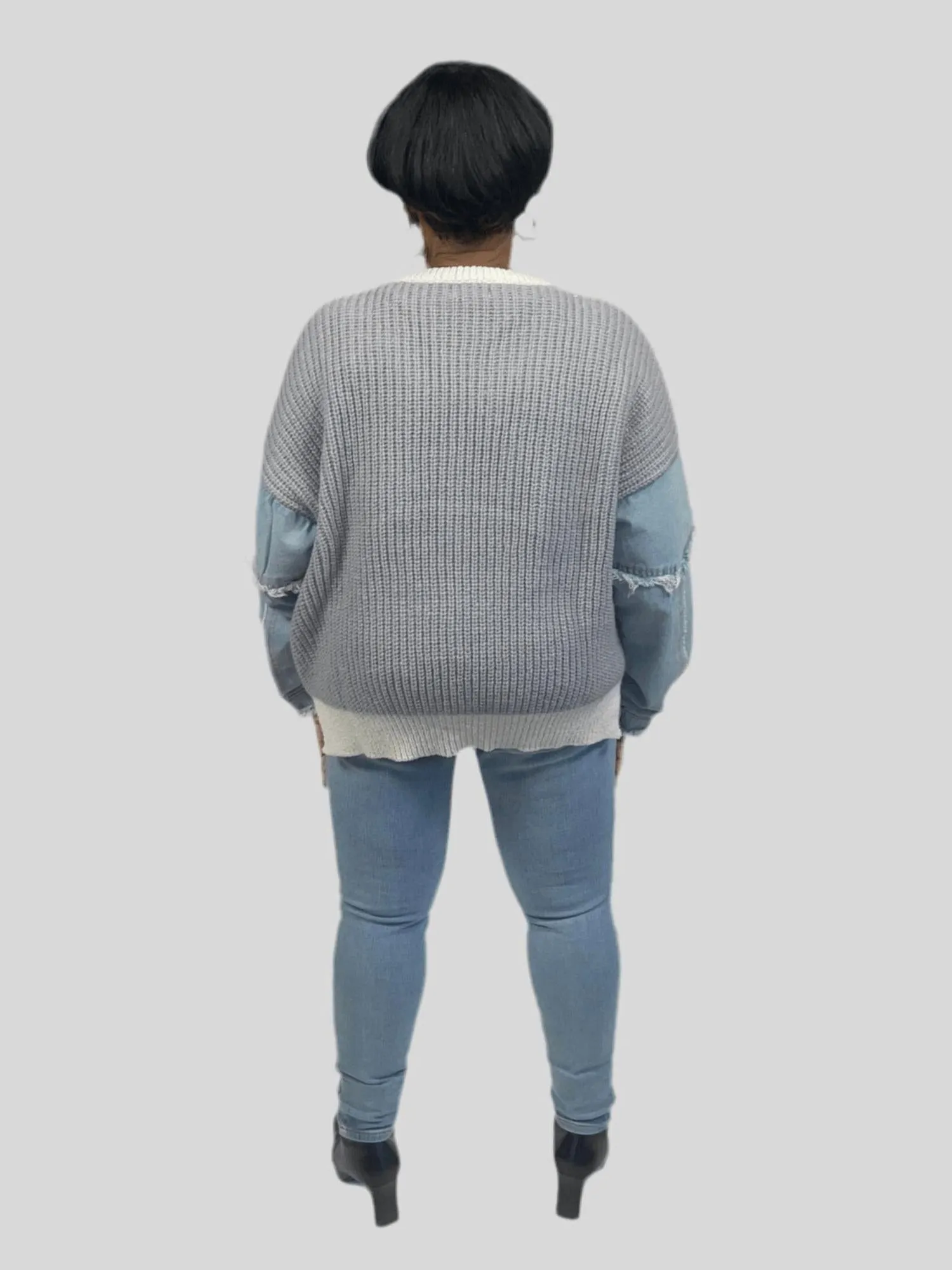Freia Denim Sleeve Sweater In Denim/grey