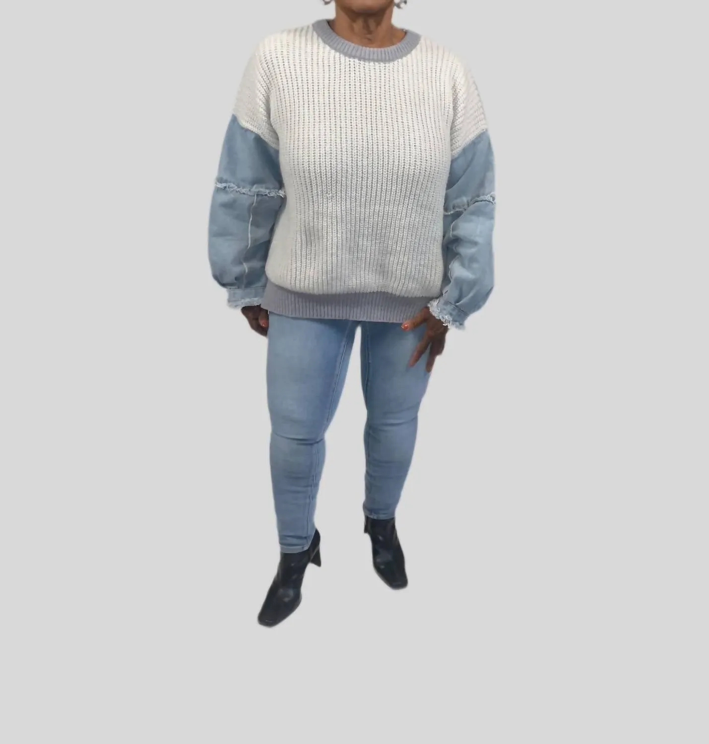Freia Denim Sleeve Sweater In Denim/grey
