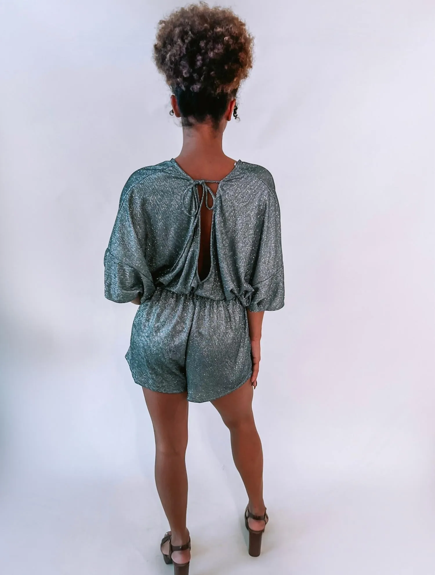 Glitter V-Neck Romper In Silver
