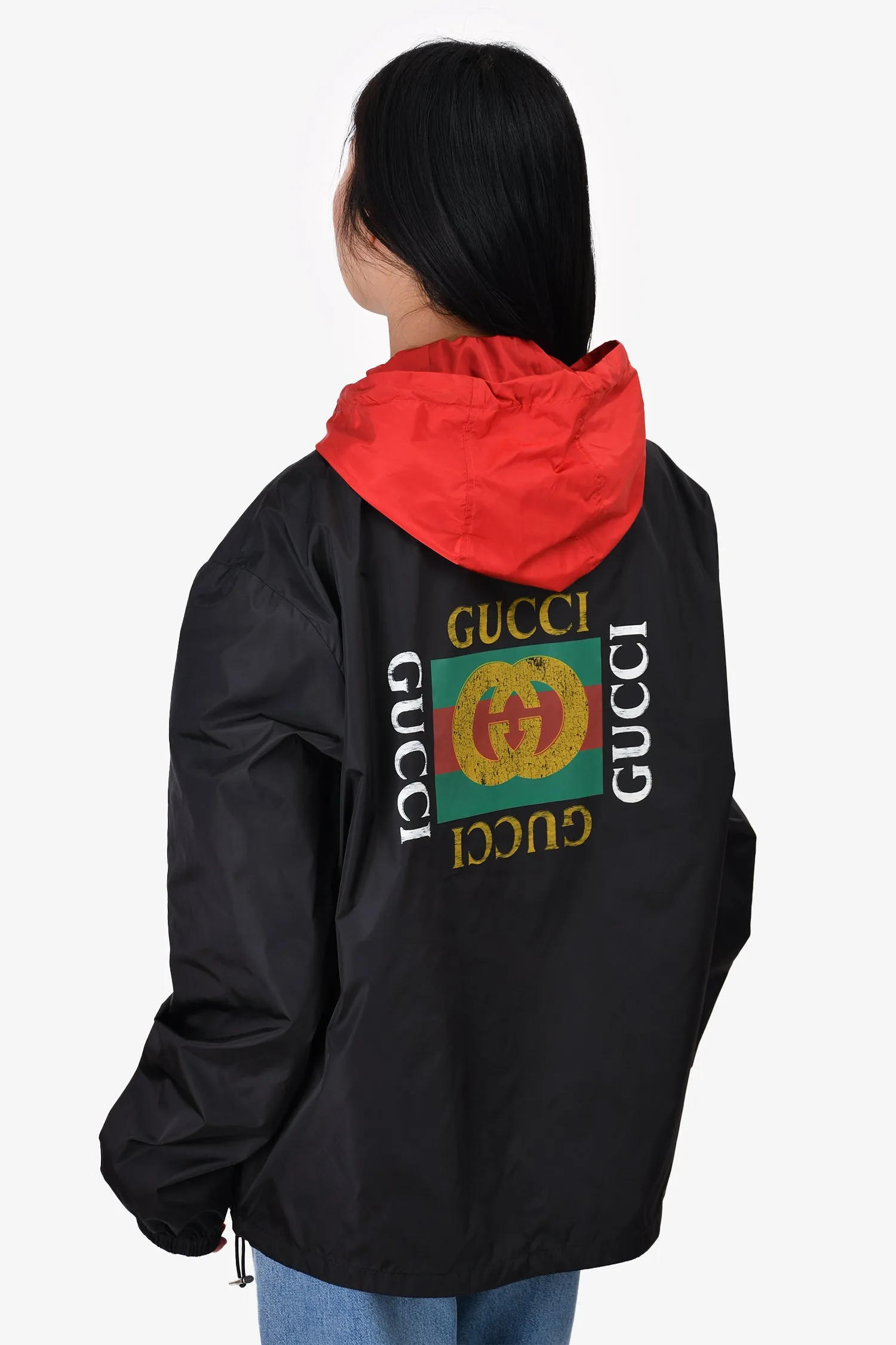 Gucci 2017 Black/Red Removable Hood Logo Printed Rain Jacket Size 54 Mens