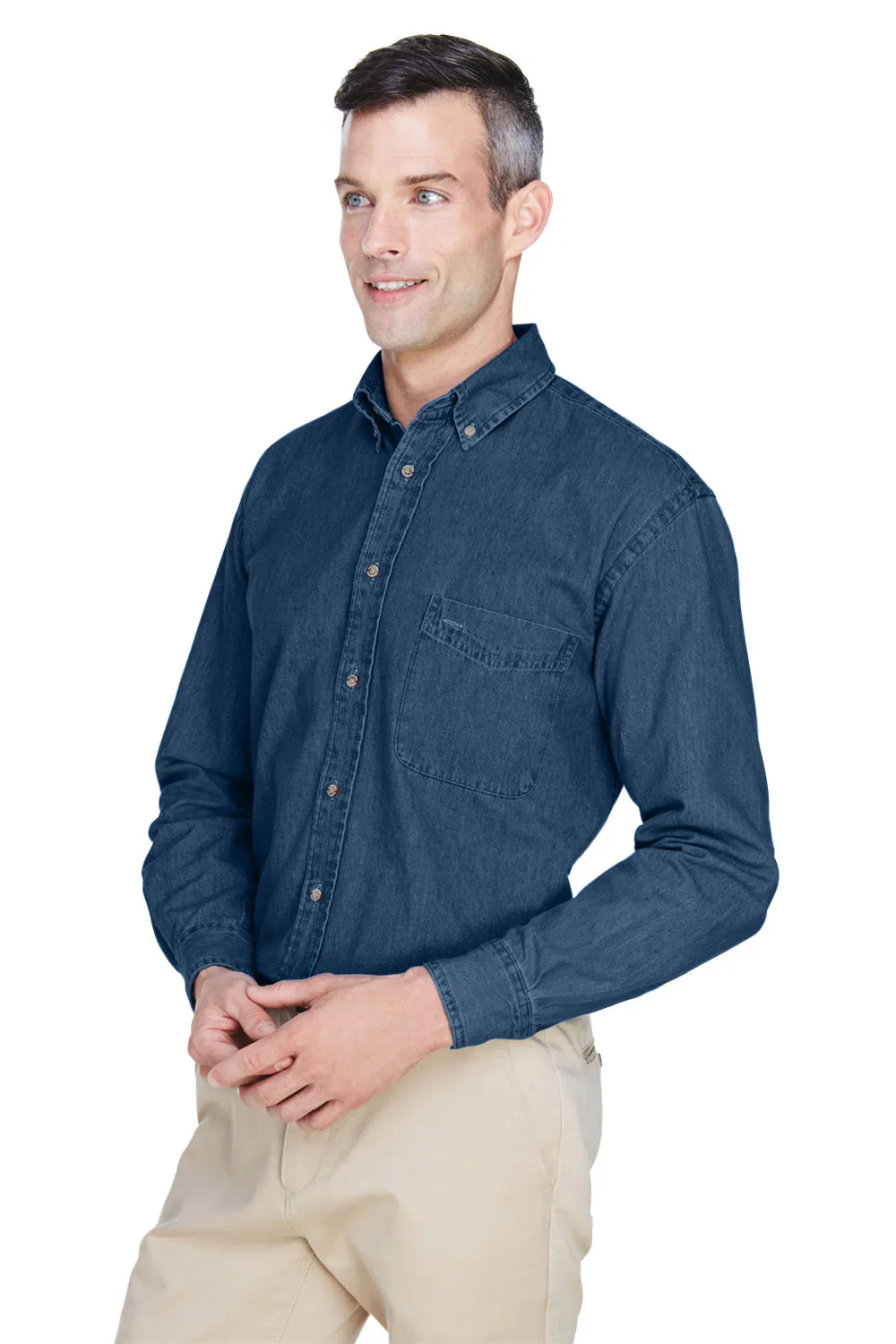 Harriton Mens Denim Long Sleeve Button Down Shirt w/ Pocket - Dark Denim