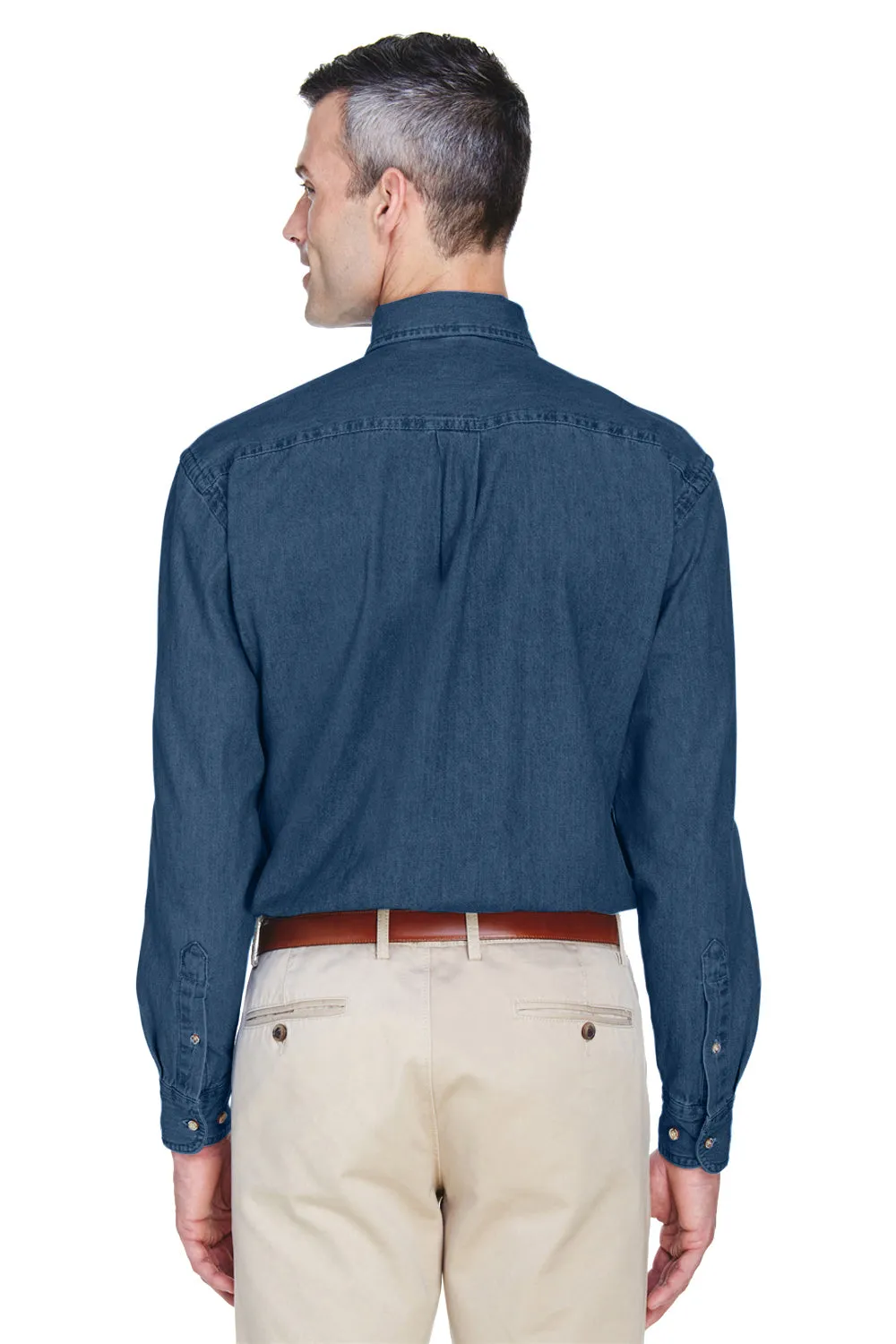 Harriton Mens Denim Long Sleeve Button Down Shirt w/ Pocket - Dark Denim