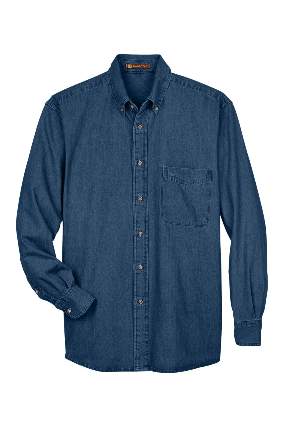 Harriton Mens Denim Long Sleeve Button Down Shirt w/ Pocket - Dark Denim