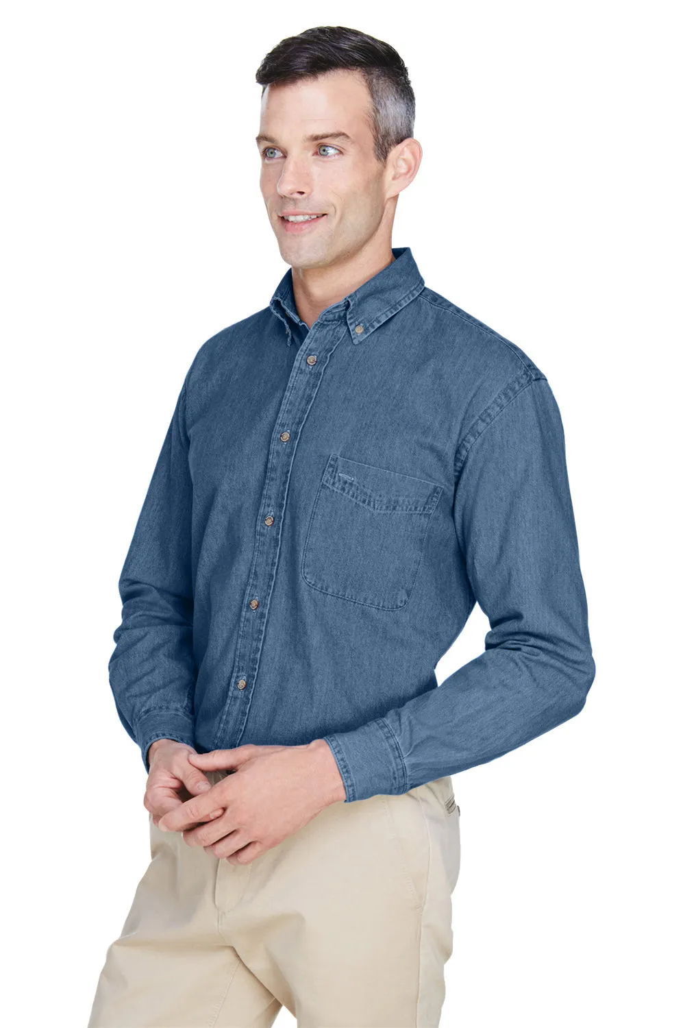 Harriton Mens Denim Long Sleeve Button Down Shirt w/ Pocket - Light Denim