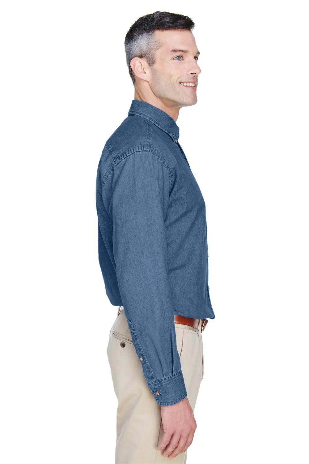 Harriton Mens Denim Long Sleeve Button Down Shirt w/ Pocket - Light Denim