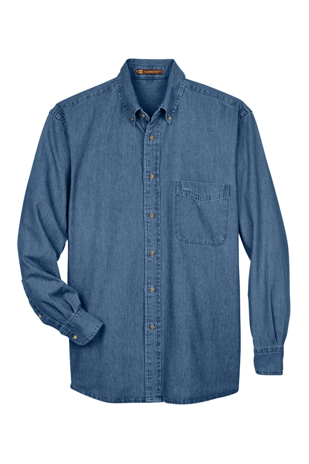Harriton Mens Denim Long Sleeve Button Down Shirt w/ Pocket - Light Denim