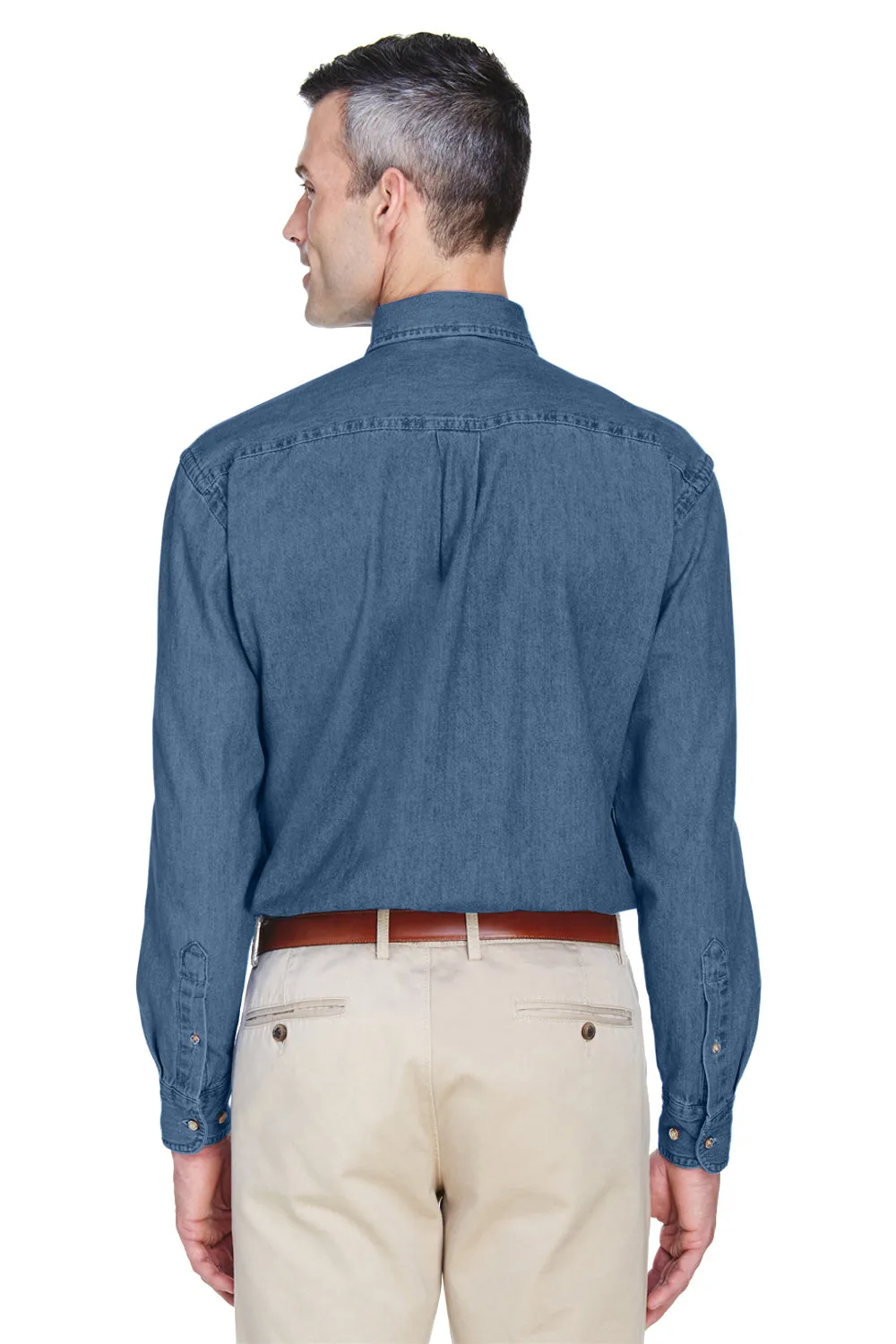 Harriton Mens Denim Long Sleeve Button Down Shirt w/ Pocket - Light Denim
