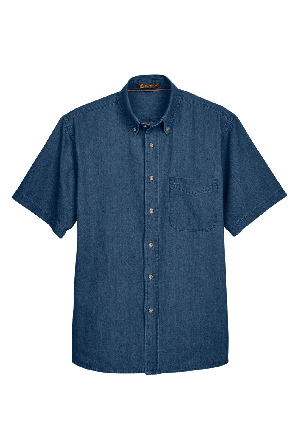 Harriton Mens Denim Short Sleeve Button Down Shirt w/ Pocket - Dark Denim