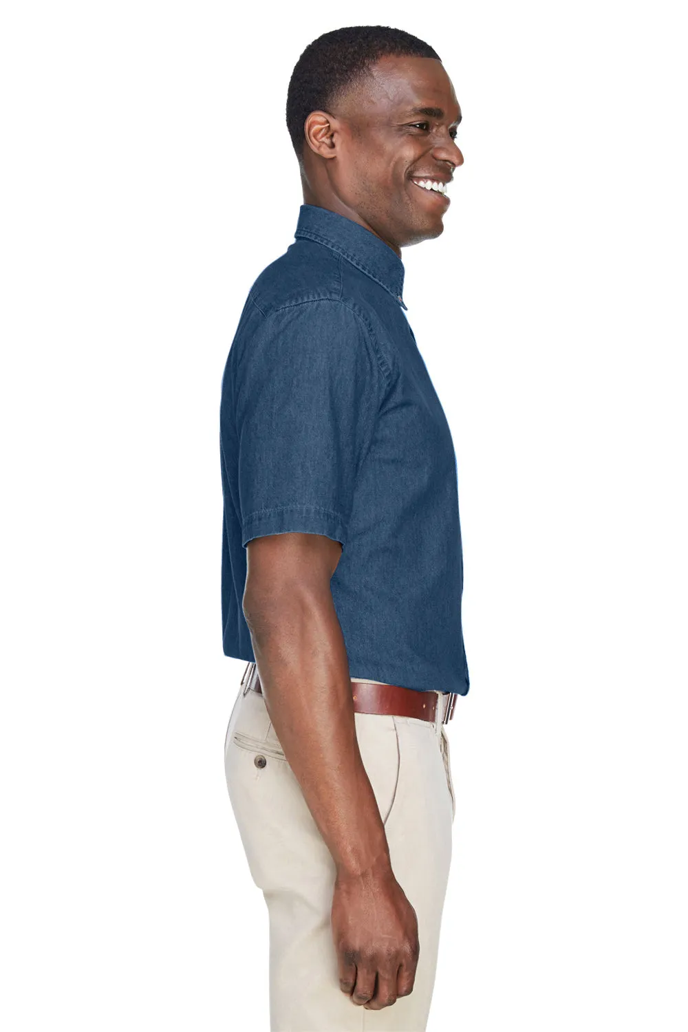 Harriton Mens Denim Short Sleeve Button Down Shirt w/ Pocket - Dark Denim