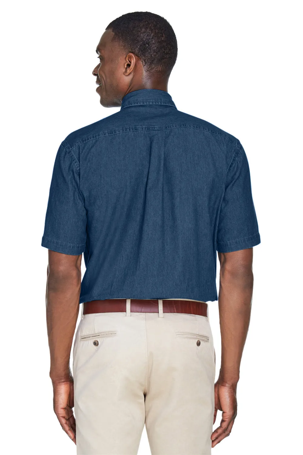 Harriton Mens Denim Short Sleeve Button Down Shirt w/ Pocket - Dark Denim