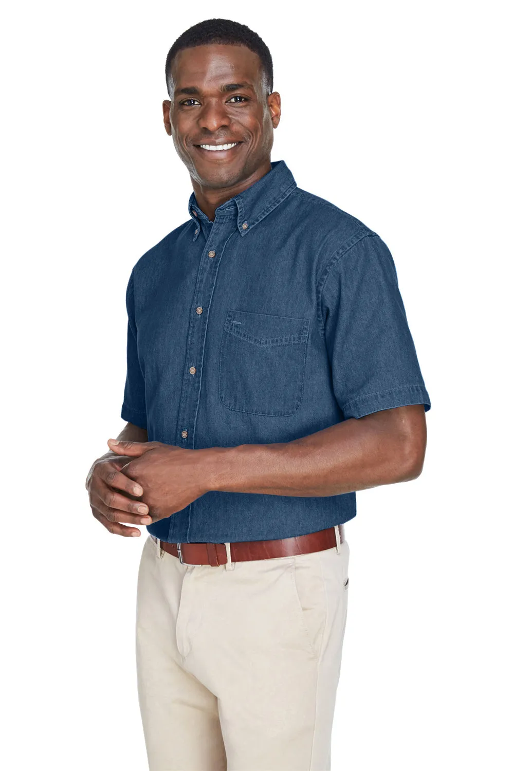 Harriton Mens Denim Short Sleeve Button Down Shirt w/ Pocket - Dark Denim