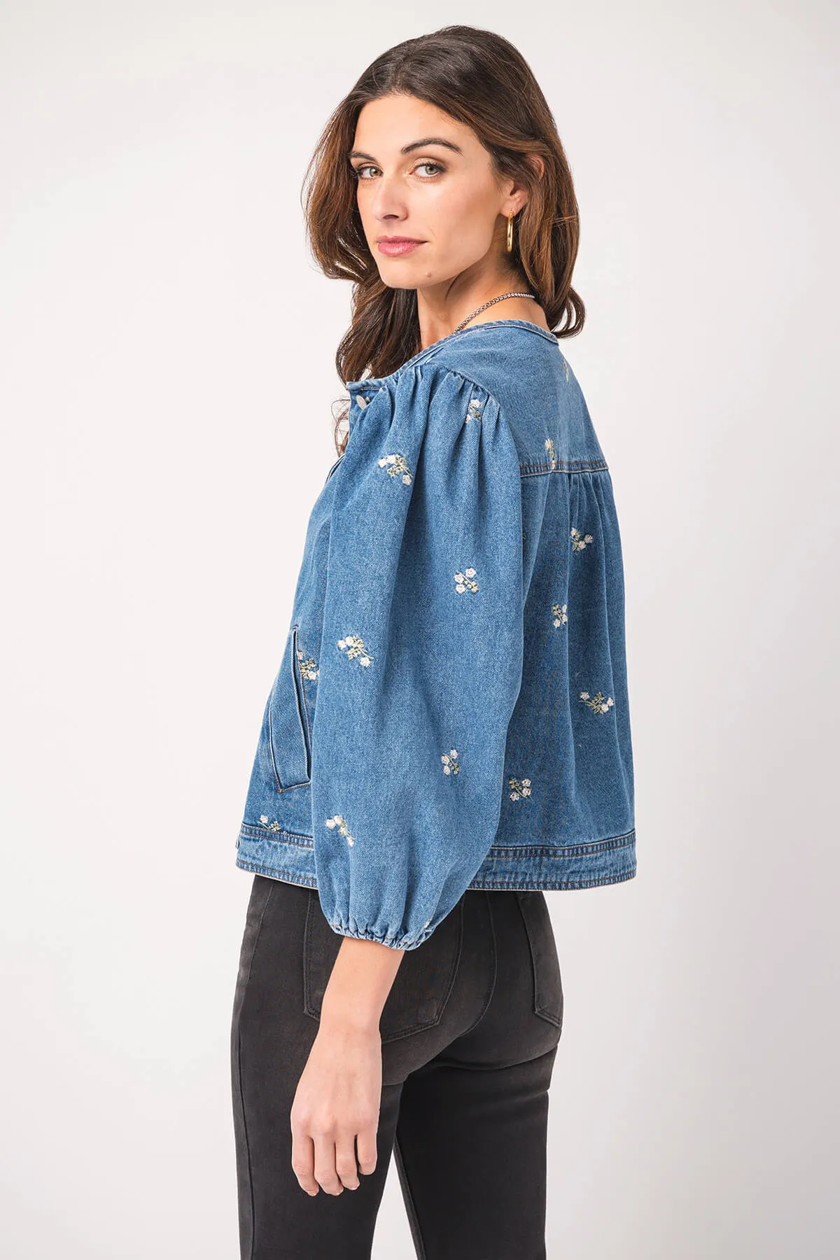 Heyson Embroidered Denim Jacket with Puff Sleeves
