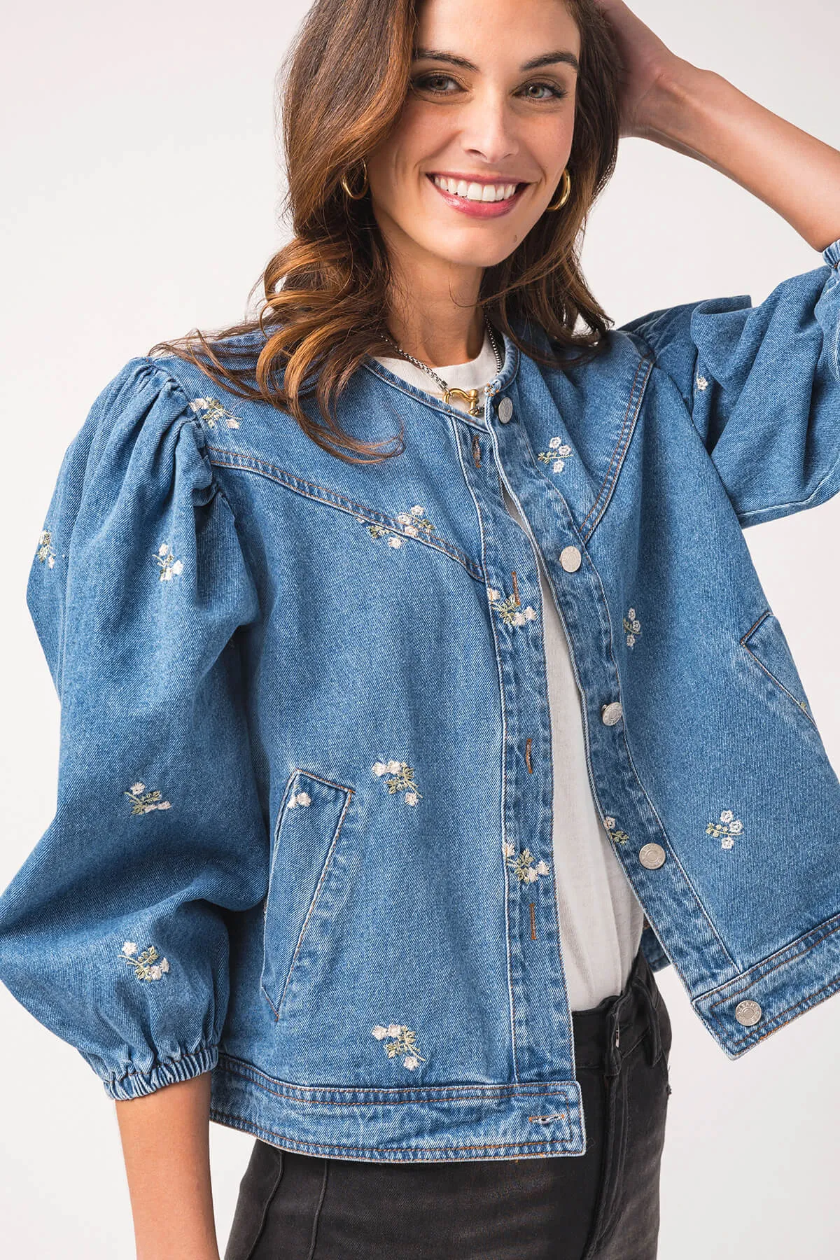 Heyson Embroidered Denim Jacket with Puff Sleeves